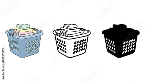 Three laundry baskets filled with clothes in different colors and styles