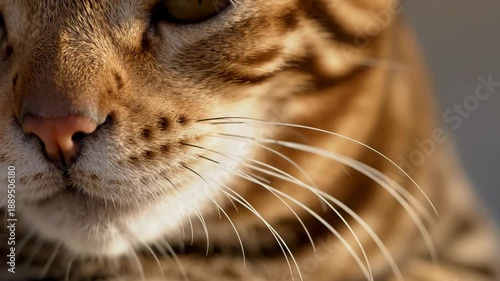 A detailed close-up of a cat's face, focusing on its patterned fur and long whiskers