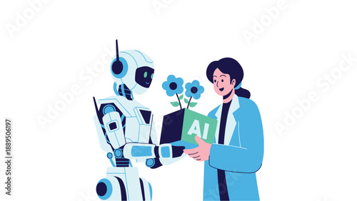 A scientist and a robot exchanging a laptop and flowers with an AI book