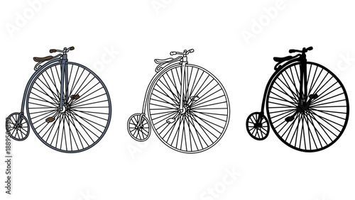 Three vintage penny-farthing bicycles with large front wheels and small rear wheels