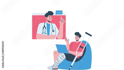 A man with a broken leg is having a telemedicine consultation with a doctor.