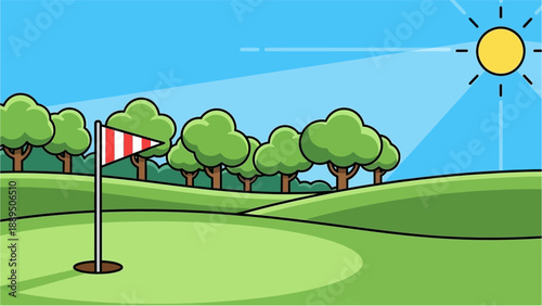 A vibrant cartoon illustration of a sunny golf course with a red and white striped flag in the hole, surrounded by green hills and lush trees.