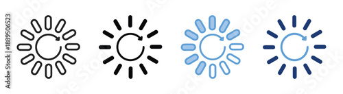 Sun loading icon set with rotation arrow symbol outline and solid fill variations light and dark blue colors web design elements
