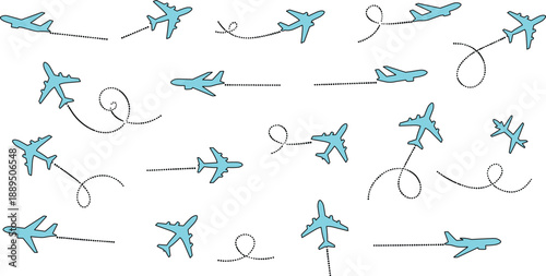 described features a playful and whimsical collection of light blue airplane illustrations, all set against a clean