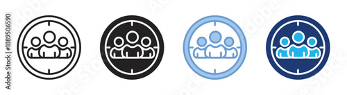 Team target icons, illustrating focus on groups, team objectives, and collective goals, emphasizing people aiming for shared success and strategic targeting of human resources, in varied styles.