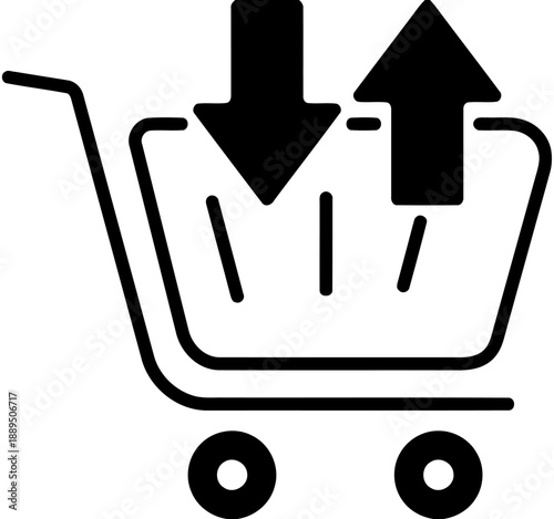 Shopping cart with up and down arrows indicating adding and removing items, conceptual icon for e-commerce and online retail services, e-commerce transaction symbol for website and app interfaces