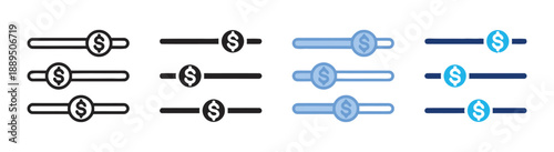 Slider bar icons with dollar sign representing financial control, adjustments, and value settings, shown in various graphic styles