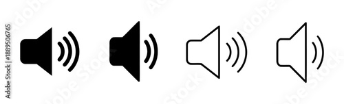 Speaker or sound icons in solid black and outline styles, representing audio, volume, music, and broadcast. Used for sound settings, media playback, and communication.