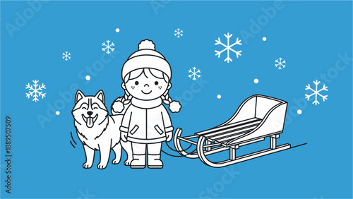 A cute cartoon illustration of a girl and a husky dog with a sled in a snowy winter scene with snowflakes.