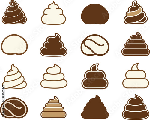 Cartoon poop icon set with varied shapes and flat brown color styles