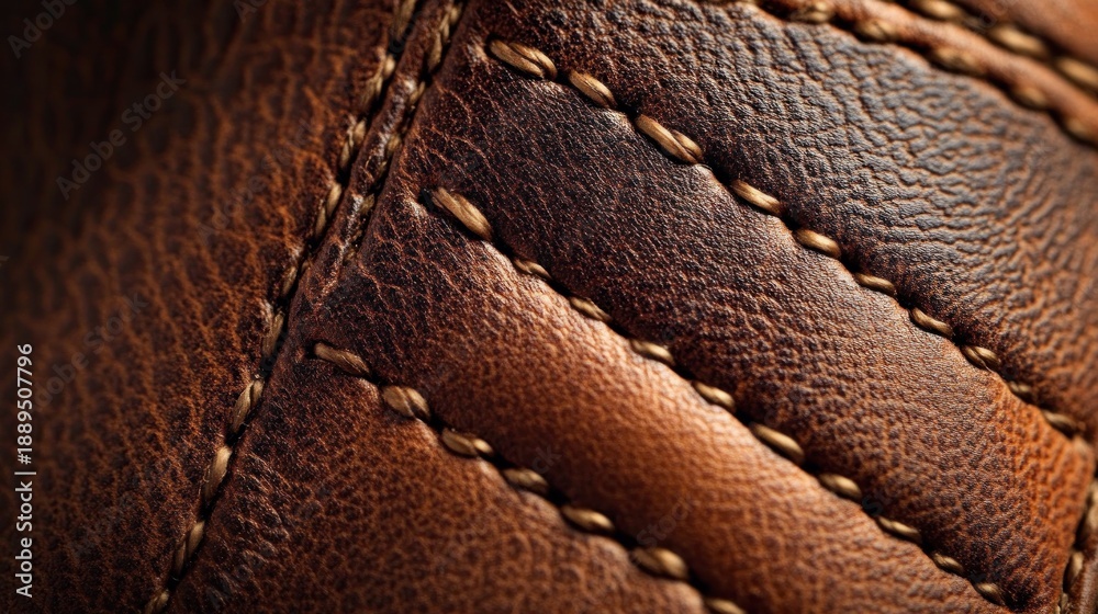 Fototapeta premium Close-up of brown textured leather with detailed stitching and quilted pattern showing rich color variations and grain