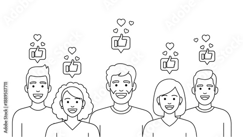 A diverse group of smiling people with social media like and heart icons above their heads, representing positive feedback and engagement.