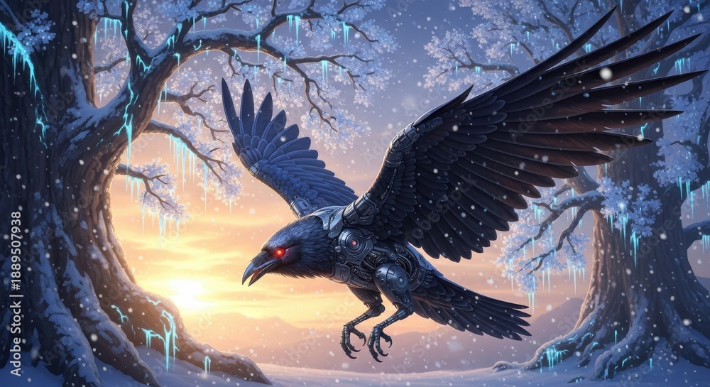 Naklejka premium Mechanical raven soars through a fantasy winter forest during twilight