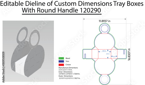 Editable Dieline of Custom Dimensions Tray Boxes with Round Handle
