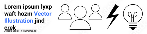 Teamwork, innovation, creative solutions, collaboration, brainstorming, empowerment. Simple line icons of three people, a lightning bolt and a lightbulb. Teamwork and innovation concept
