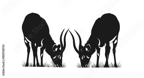 Black and white vector silhouettes of deer and farm animals in a simple wildlife illustration
