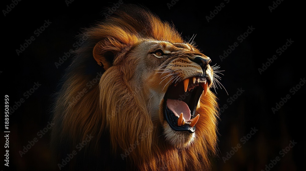 Naklejka premium Roaring male lion with golden mane, open mouth and bared teeth against a dark background, fierce and majestic expression