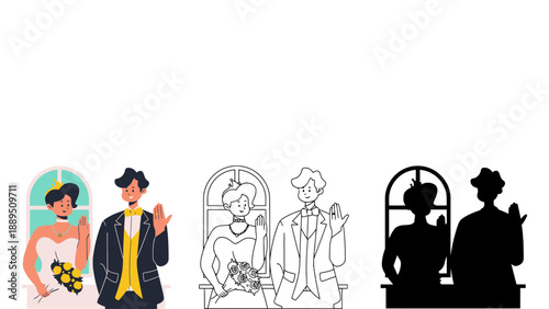 A cartoon illustration of a wedding couple in different artistic styles and colors