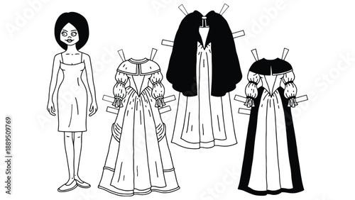 A cartoon woman with paper dresses and interchangeable outfits on display