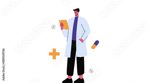 A cartoon doctor in a lab coat holding a clipboard and surrounded by medical symbols