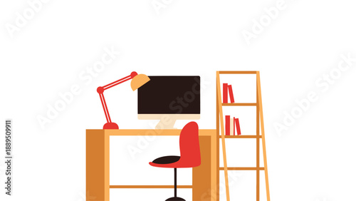 A modern home office setup with a red chair and wooden desk
