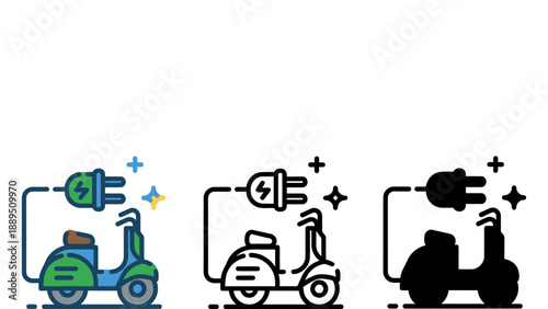 Electric scooters in different colors and styles with charging plugs