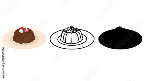 Three different illustrations of chocolate desserts on plates and backgrounds