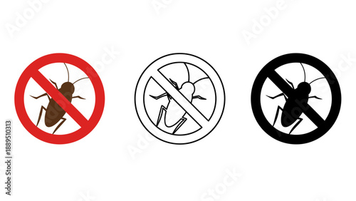 Three no cockroach signs in red, black and white on a plain background