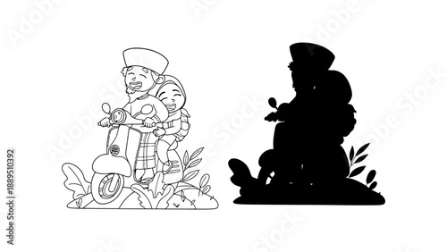 A colorful illustration of an elderly couple riding a scooter with a child