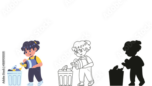 A young girl throwing away trash in different illustration styles and formats