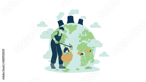 A person wearing a face mask watering a polluted Earth with a child