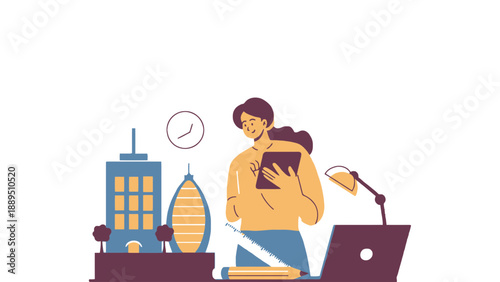 A woman working remotely with a laptop and tablet in a modern office setting