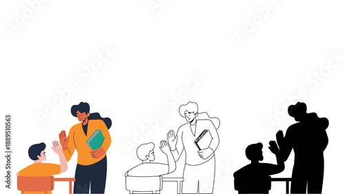 A teacher and student interacting in different illustration styles and colors