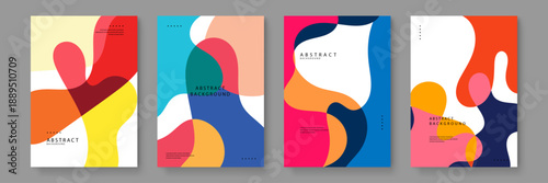 Set of four vertical posters featuring fluid geometric shapes in a balanced mix of warm earthy colors and soft pastels for elegant decor
