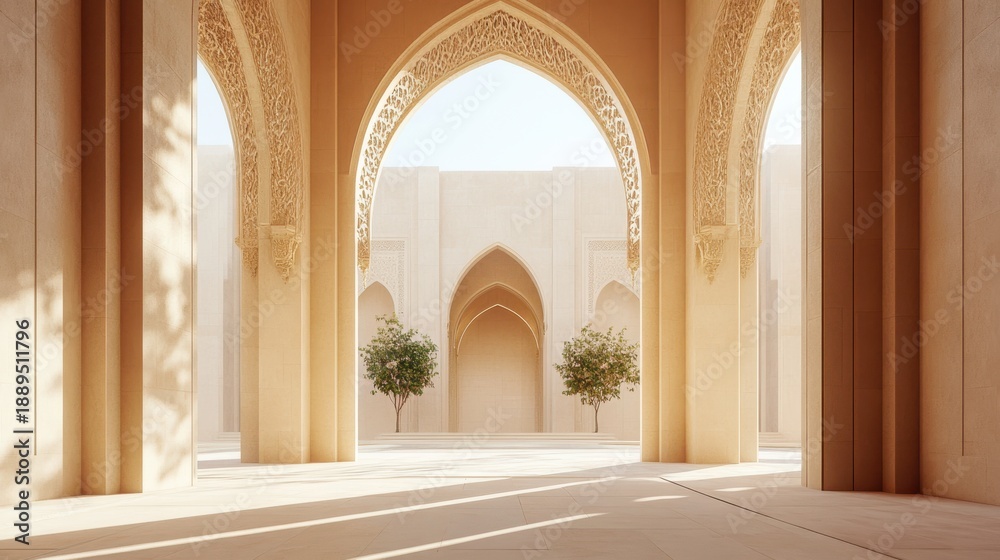Obraz premium Architectural Corridor With Arched Columns And Potted Trees In Soft Sunlight architecture arches