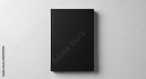 Premium blank black hardcover book mockup on minimalist white background.