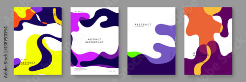 Set of creative abstract backgrounds with vivid purple and neon green fluid shapes perfect for trendy branding and social media graphics