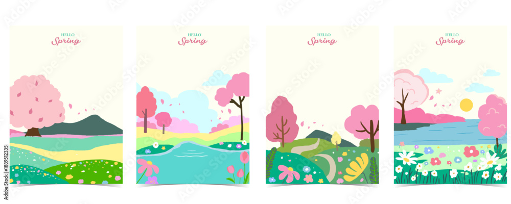 Fototapeta premium Cute Spring Landscape Illustration Set with cherry blossom Trees and Flower Fields background
