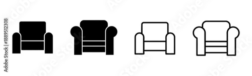 Armchair icon set, illustrating comfortable seating furniture in filled black and clear outline styles, ideal for interior design and home furnishing graphics