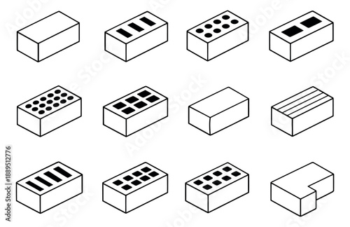 Isometric hand drawn line art bricks set featuring various construction block types for building and architecture