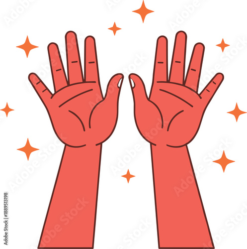 Pair of raised human hands with shining stars and sparkles vector illustration isolated on grey background for success and celebration concept