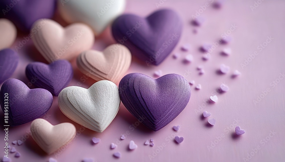 Obraz premium Close-up of textured heart-shaped objects in pastel purple, pink, and white tones on a soft pink surface creating a gentle and romantic atmosphere