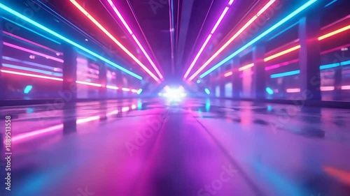 Futuristic corridor with neon lights, creating a vibrant and dynamic perspective.