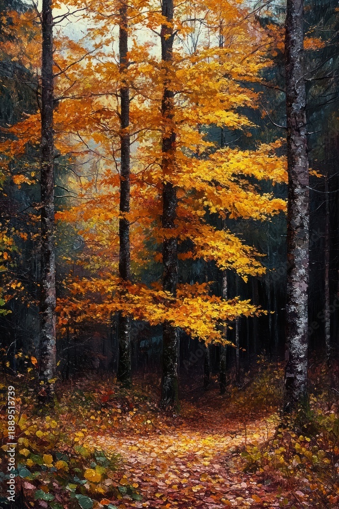 Fototapeta premium Quiet forest scene with tall trees displaying vibrant orange autumn leaves and a leaf-covered pathway leading into a misty, shadowed background