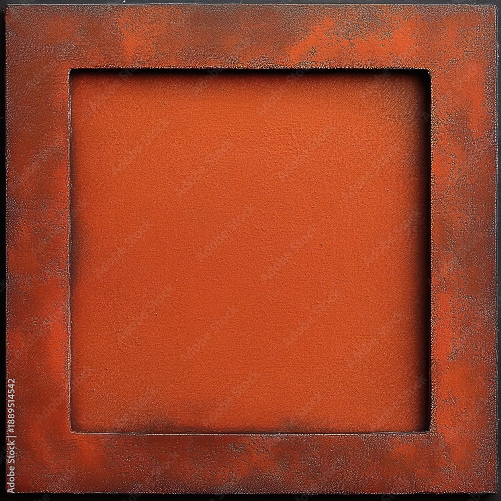 Fototapeta premium weathered rust-orange metal square frame with textured recessed panel, rugged vintage industrial feel