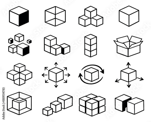 Hand drawn line art cube and box icons set featuring various isometric forms and arrangements for design and engineering concepts