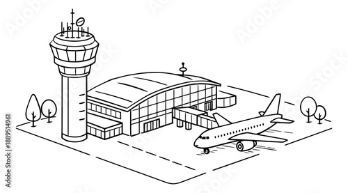 Hand drawn line art isometric illustration of an airport depicting an airplane at the terminal with a control tower for air travel and transportation