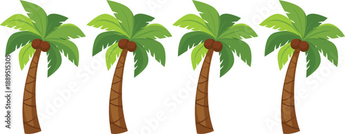 Set of tropical coconut palm trees with green leaves and brown coconuts vector illustration isolated on grey background