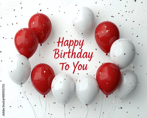 red and white party balloons with gold confetti surrounding a cheerful birthday greeting