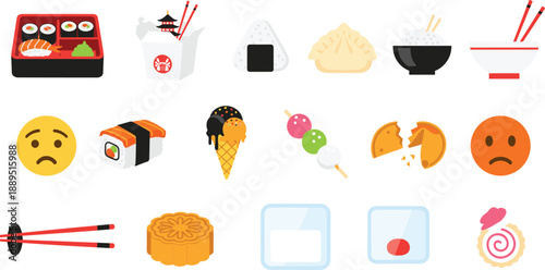 Asian food and emoji icon set featuring sushi, ramen, dumplings, rice balls, desserts, chopsticks, and expressions